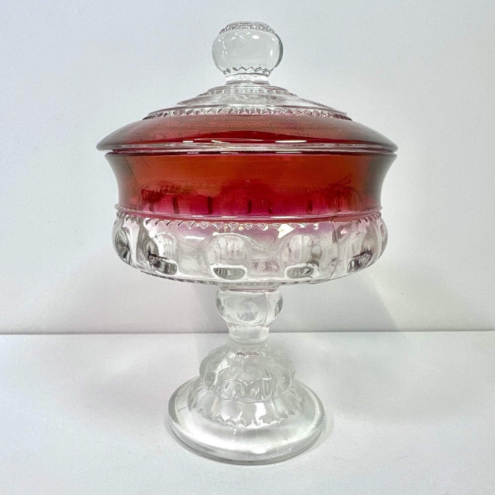 Tiffin Kings Crown Thumbprint Pedestal Compote Cranberry Lidded Vintage Dish